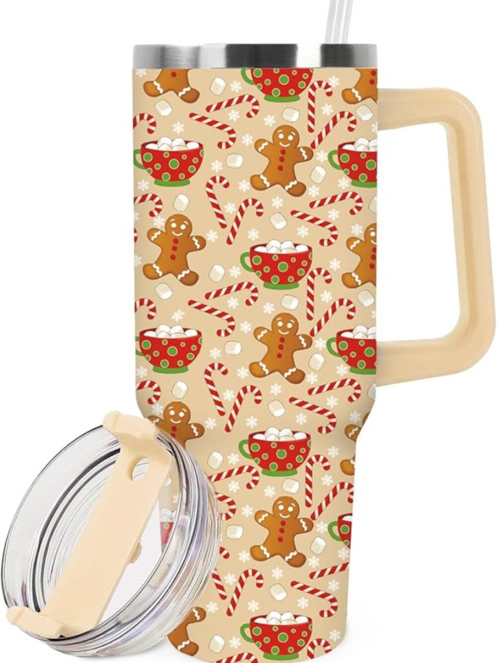 JarThenaAMCS 1 Pcs Christmas Tumbler with Handle Lid Straw 40 Oz Gingerbread Man